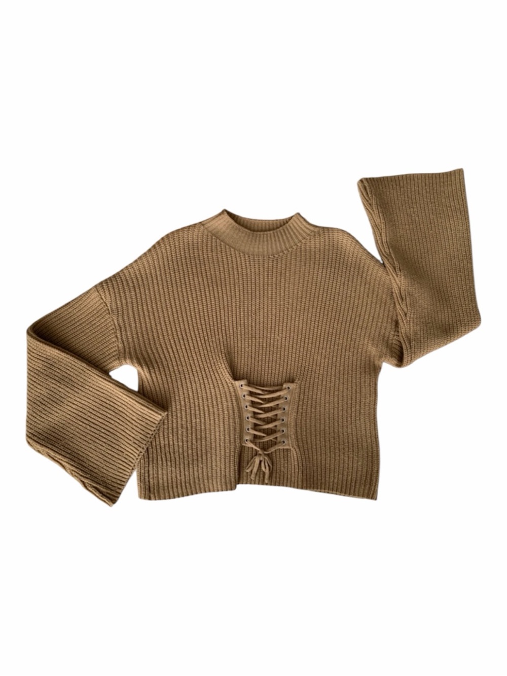 Rue 21 Tan Camel Crop Mockneck Sweater Criss Cross Wide Bell Sleeve Women Size S